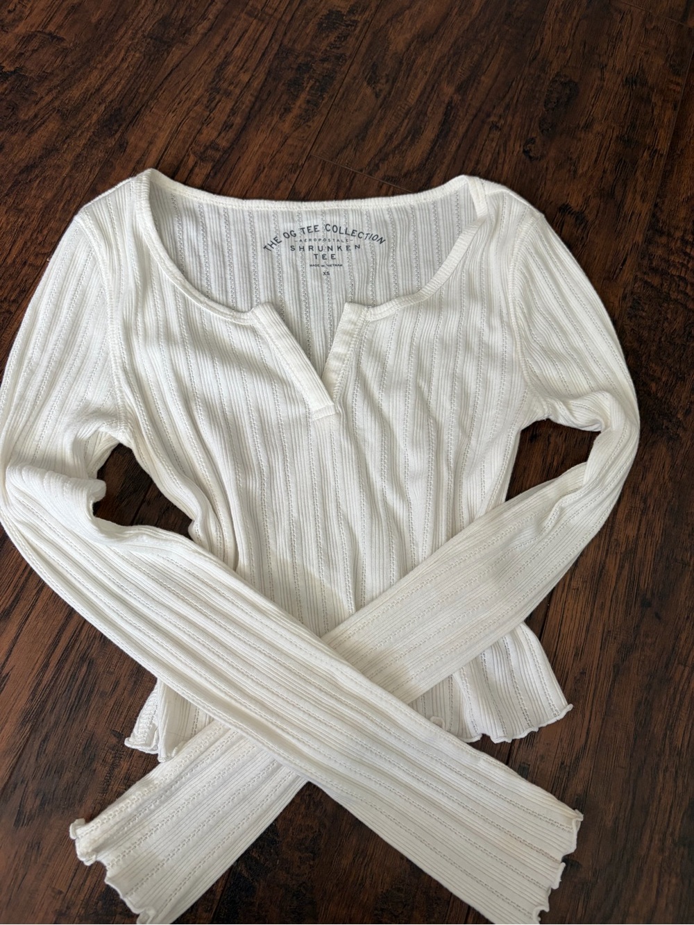 Aeropostale White Ribbed Long Sleeve Henley Top